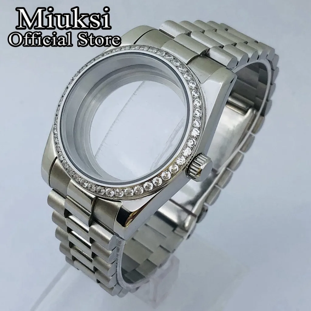 

Miuksi 36mm/40mm silver watch case sapphire glass gemstone bezel fit NH35 NH36 NH34 NH38 ETA2824 2836 Miyota8215 PT5000 movement