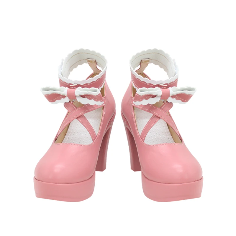 من جعلني الأميرة سيا تأثيري أحذية أنيمي لطيف فتاة الوردي بو أحذية من الجلد هالوين كرنفال أحذية عالية الكعب