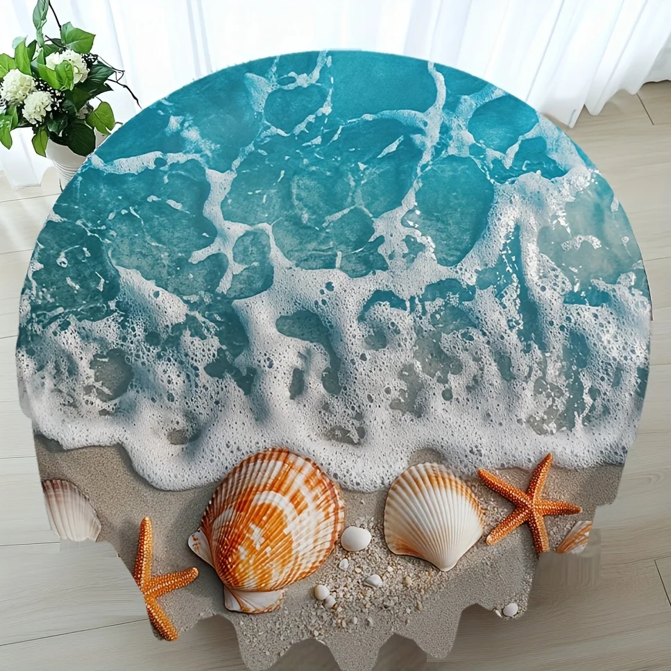 Ocean Beach Seashell Starfish Pattern Round Tablecloth 60 Inches Diameter for Home Kitchen and Outdoor Party Decoration