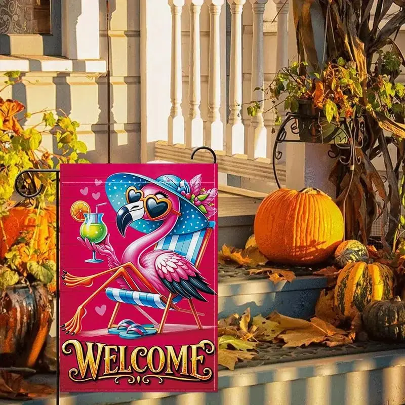 Flamingo Welcome Garden Flag 12x18 Inch, Tropical Summer Flamingo Garden Flag, Cute Outdoor Decorative Yard Flag for Lawn Po jjp