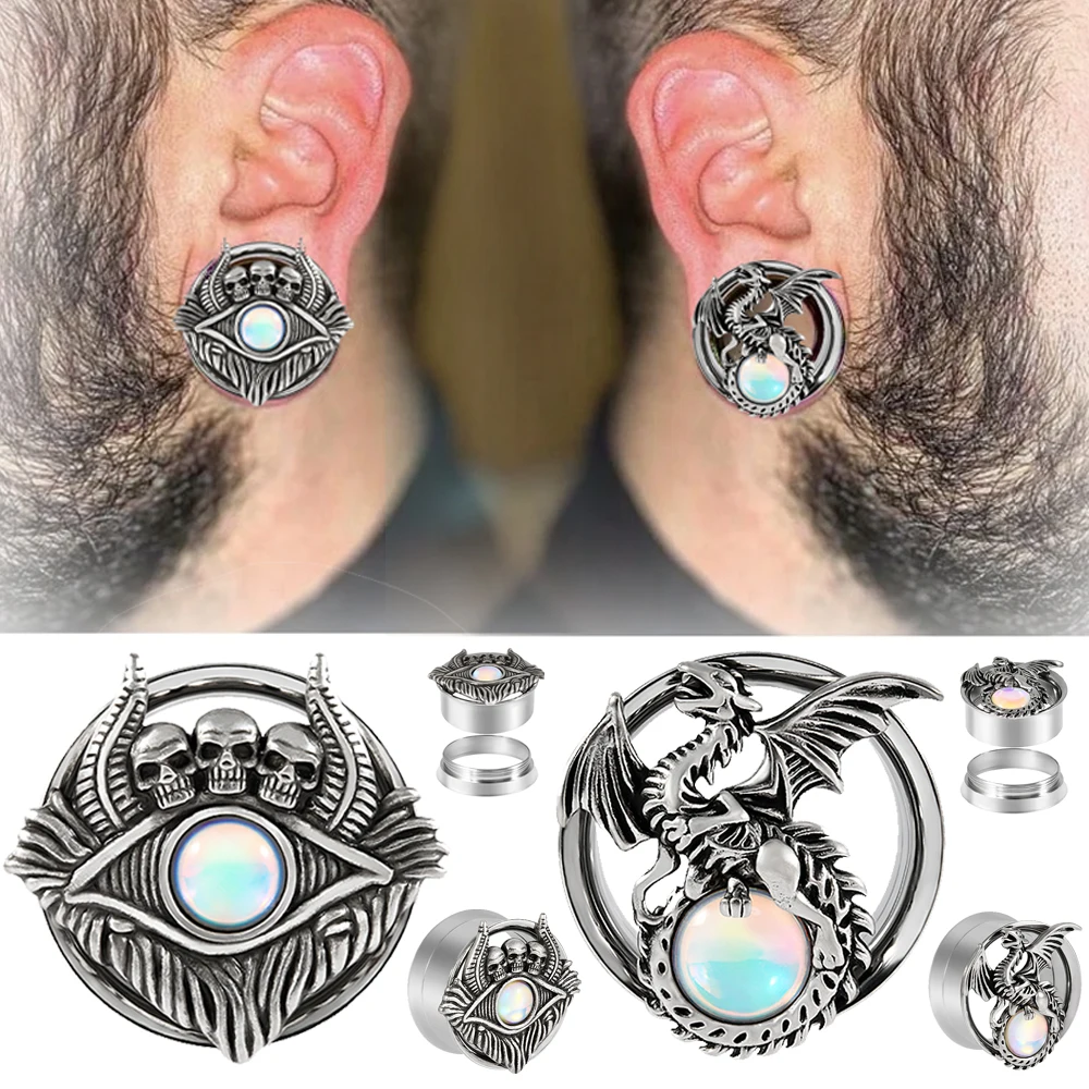 1Pair Stainless Steel Devil Eyes&Dragon Ear Expanders Stretchers Gauges Plugs Earrings Flash Film Double Flared Ear Tunnels