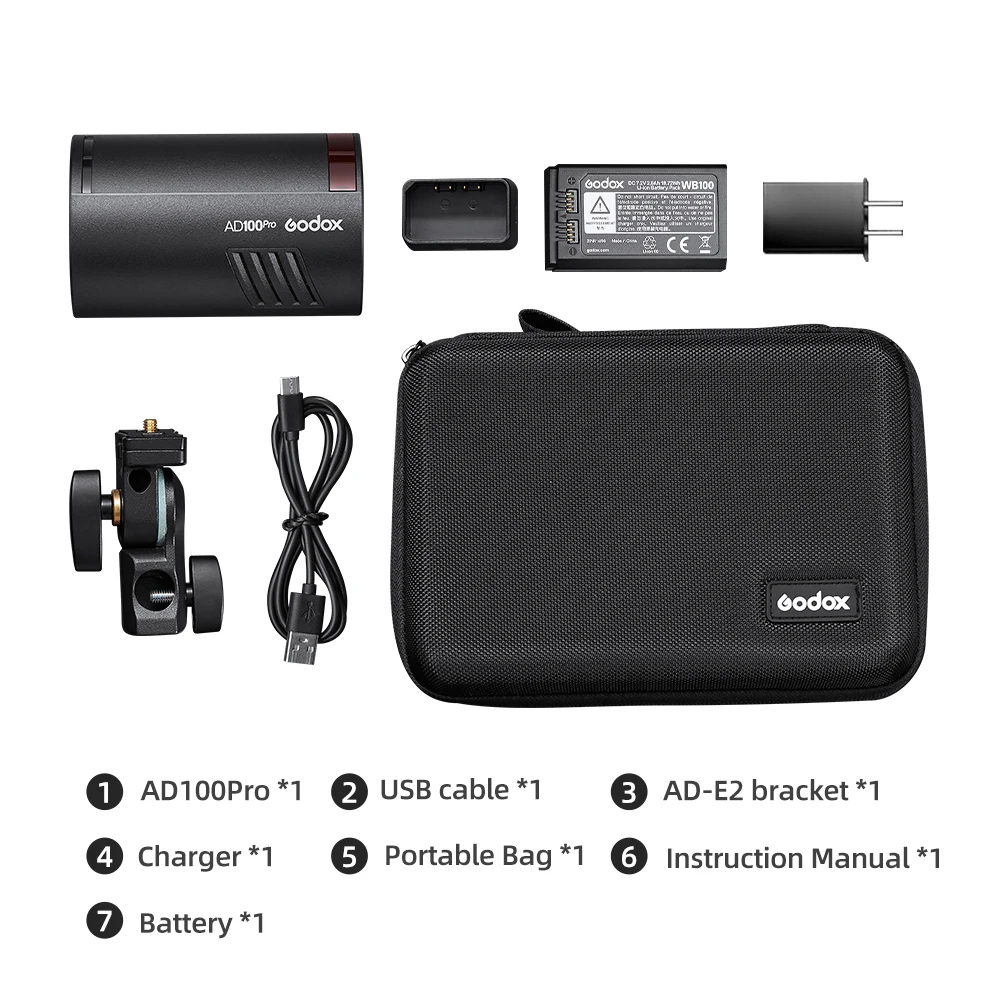 Godox AD100Pro 100Ws TTL latarka kieszonkowy 2.4G HSS 1/8000s z baterią litową 7.2V/2600mAh 360 pełna moc miga 0.01. 5s