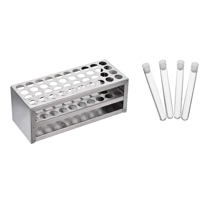 100Pcs Clear Plastic Test Tube With Cap 12X100mm U-Shaped Bottom With 14Mm 40 Hole Aluminum Test Tube Rack