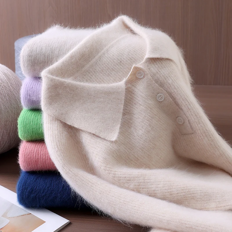 

Элегантный женский офисный свитер из 100% кашемира и норки, осенне-зимний вязаный свитер с воротником-поло, мягкий пуловер