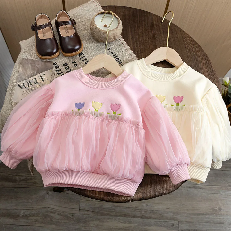 New 2024 Girls Mesh Sweatshirt with Floral Embroidery Stylish and Cute Top for Children Spring and Autumn Wardrobe Shirts