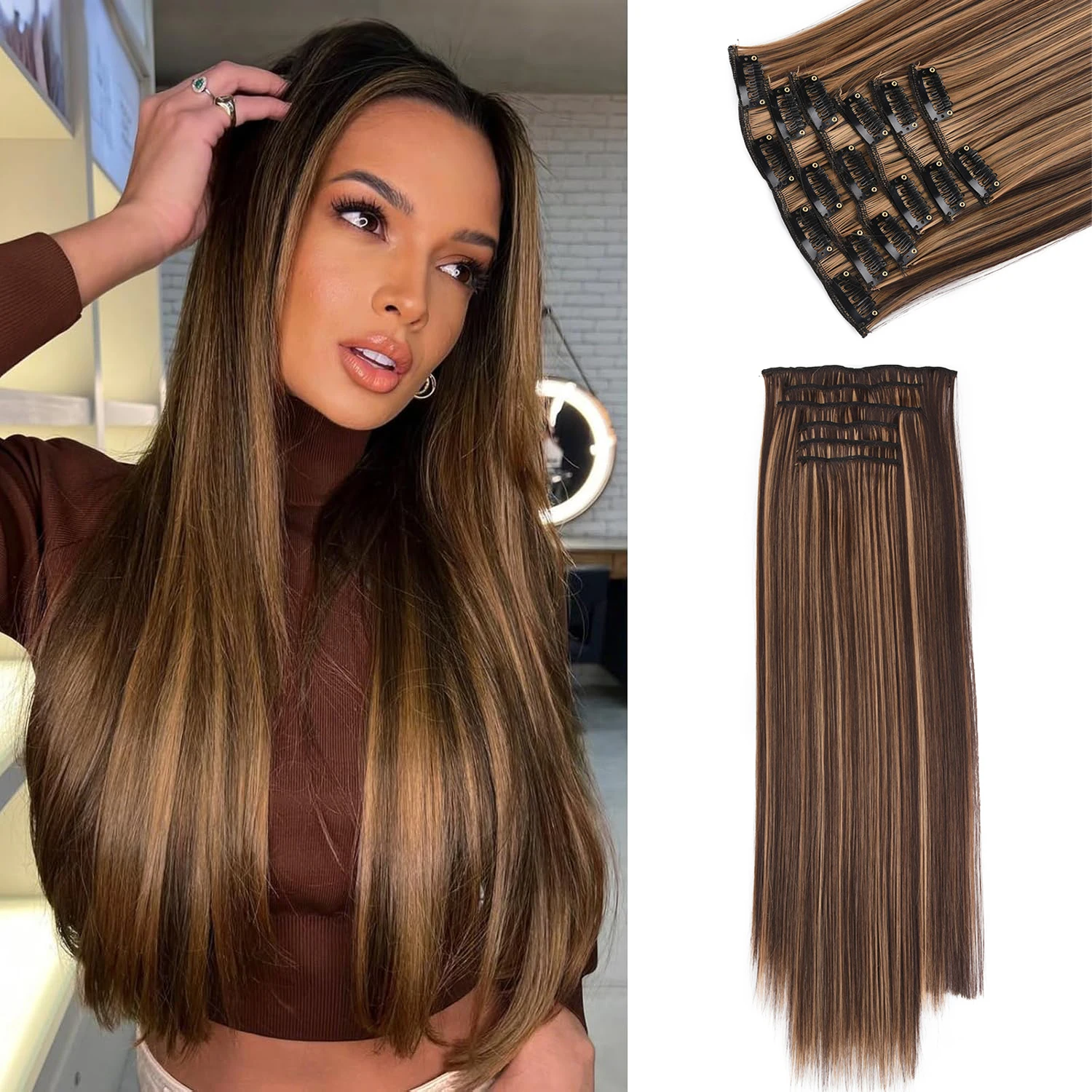 

Clip-in Hair Extensions 6pcs/Set Long Straight Synthetic Hairpiece More Hair Volume Full Head Daily Wear for Women