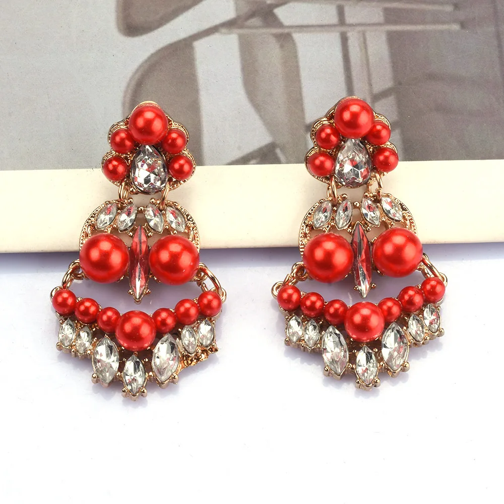 Wind Fashion Earrings Diamond Red Pearl Round Metal Cross-border E-commerce Supply Jewelry Manufacturers Wholesale