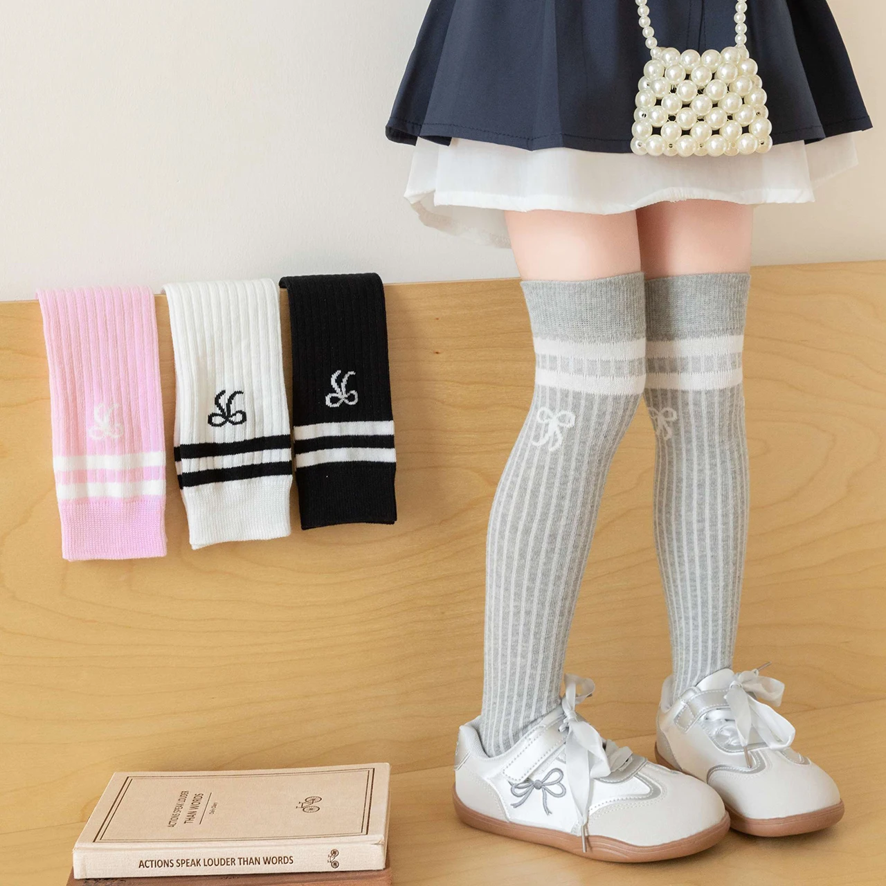

Fashion Stripe Knee High Socks for Children Bow Thigh-high Sock Academic-style Long Stocking Spring Autumn Kids Cotton Sock 42cm