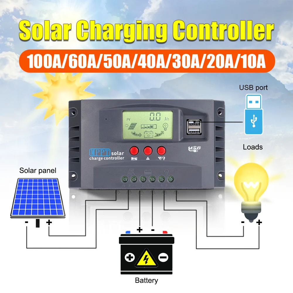 MPPT Solar Charge Controller 30/100A 12V/24V Multiple Protection Solar Panel Regulator LCD Display Battery Charge Controller