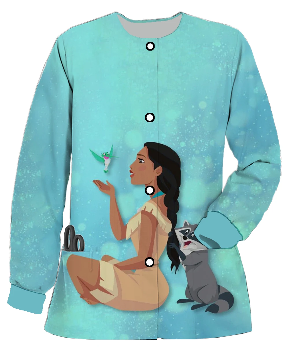 بدلة الطبيب ديزني بوكا دوك الأميرة المرأة ملابس منقوشة بكم طويل زر بدلة جراحية جديدة سترة فضفاضة غير رسمية