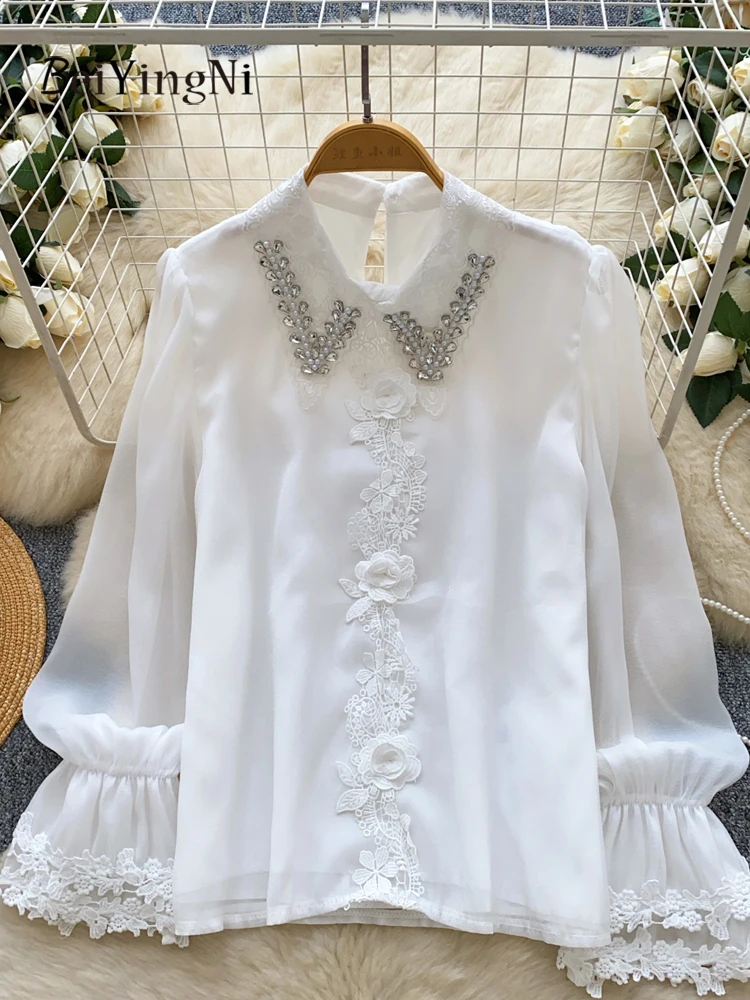 

Beiyingni French Luxury Women's Blusas Lace Spliced Diamond Mesh Elegant Long Sleeve Shirts Woman Chic Loose Apricot OL Blouses