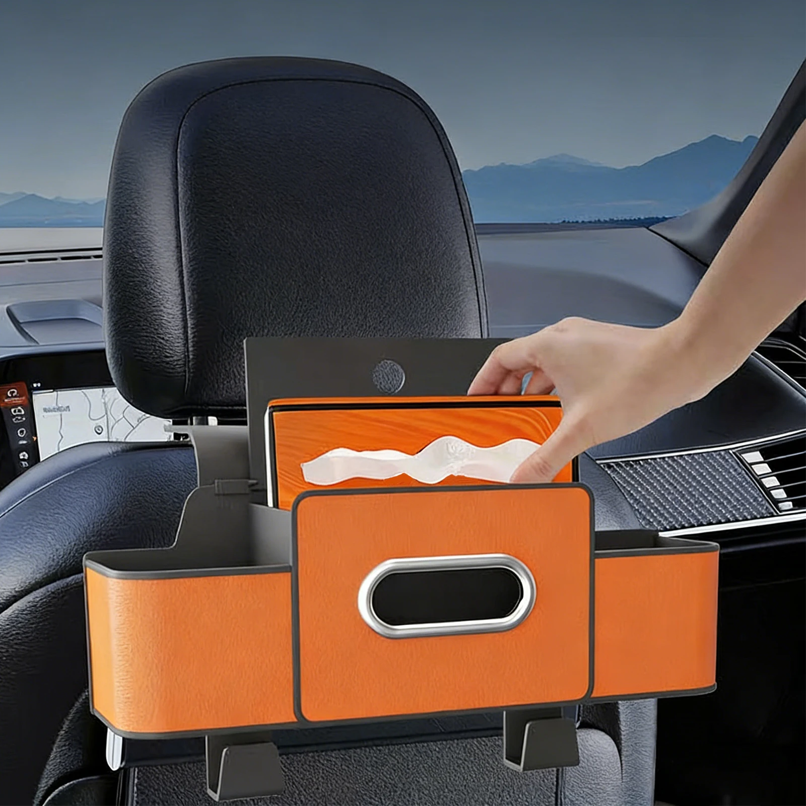 

4In1 Car Headrest Organizer with Tissue & Cup Holder Hanging Seat Hook Storage Box Multifunctional for Outdoor Travel Commute