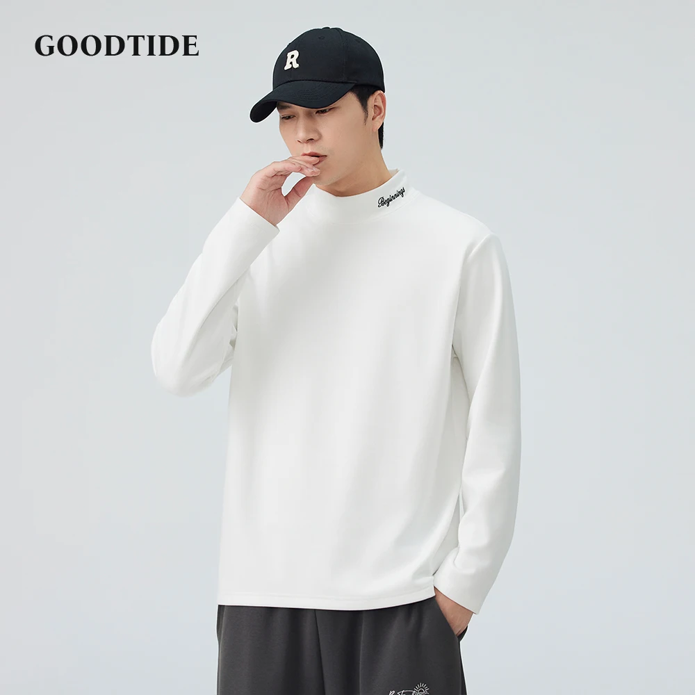 

Fashion Men's Casual Mock Neck Long Sleeve T - Shirt 2025 Winter New Embroidered Logo Detail at Collar Loose Fit Comfortable Top