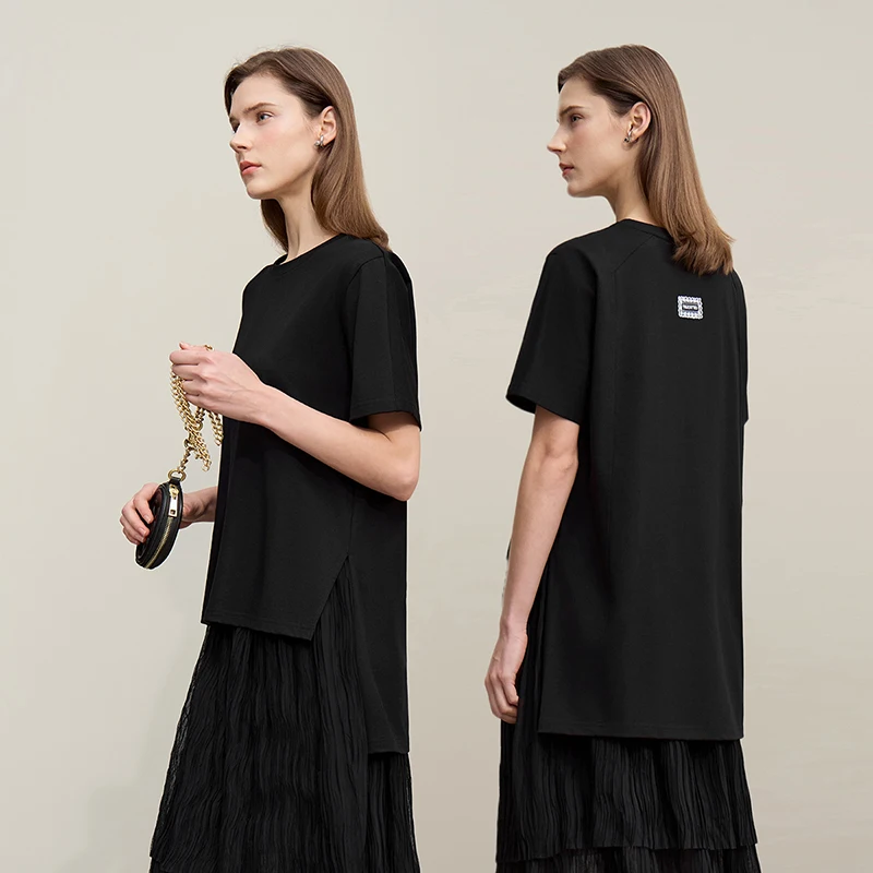 Amii T-shirt Women 2026 Summer New O-Neck Side Slit Cotton Tee Embroidered Letter Lace Accent Women's Short Sleeve Tee 12652029