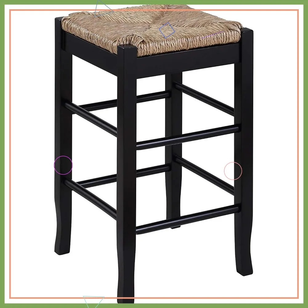 

Modern Square Rush Seat Counter Height Stool, 24-Inch Black Wooden Bar Stool for Kitchen Dining