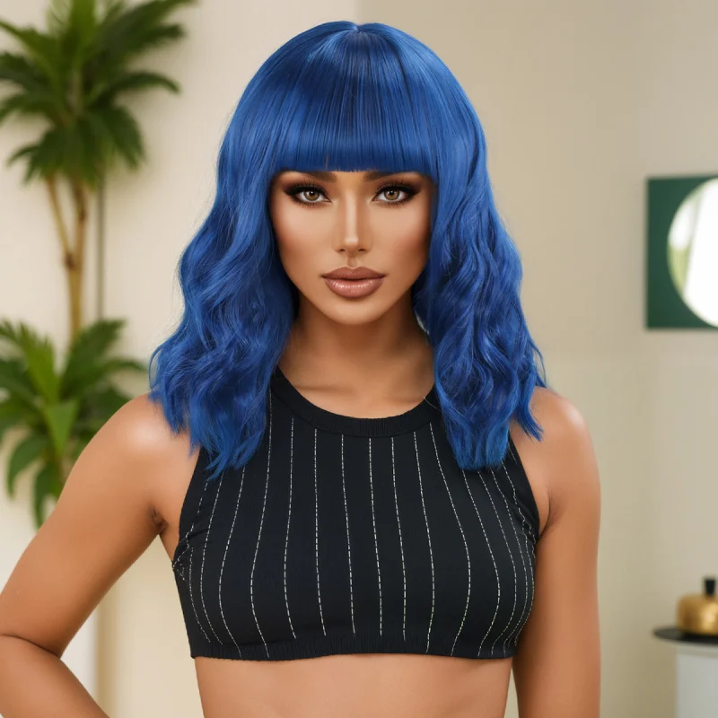 European and American style with bangs, short curly hair, royal blue synthetic fiber cosplay wig for women, full head cover