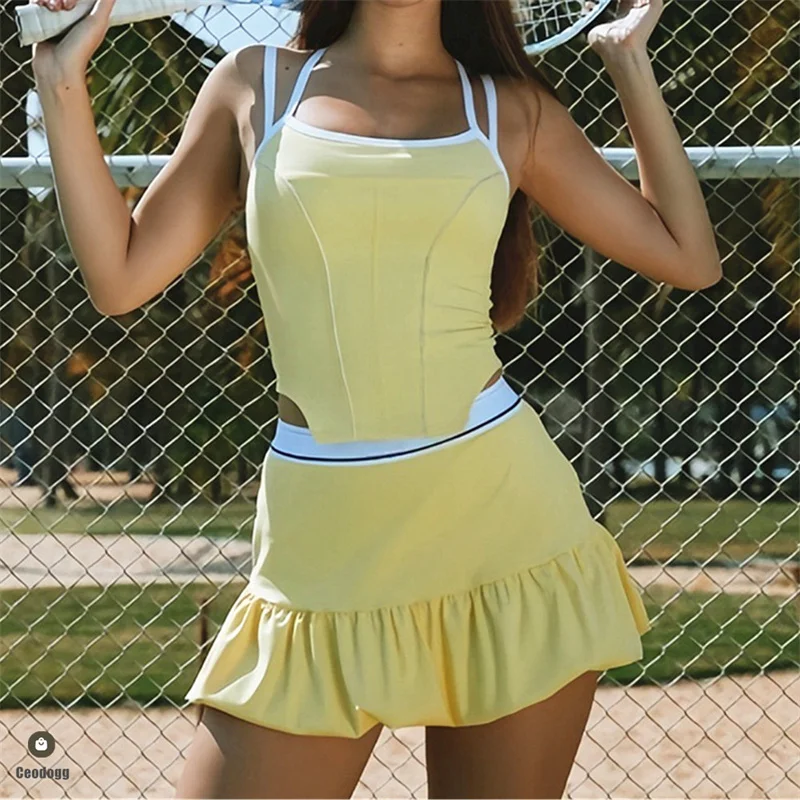 

2Pcs Pocket Yoga Sets Workout Bra Women Suits Crop Tank Tennis Anti Short Skirt Outfits Fitness Sports Gym Active Wear XP59