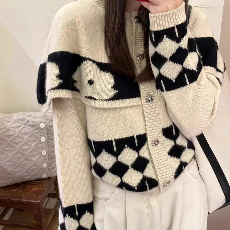 Vintage Cape Knitted Cardigan Women Argyle Jacquard Knit Casual Sweater Fall Winter Retro Loose Single Breasted Female Coat Tops
