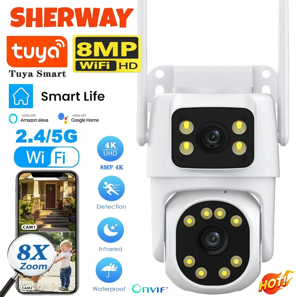 Tuya 5G WiFi Dual Lens Camera Outdoor 8X Zoom Dual Screen Security Cameras 4K 8MP Color Night Vision PTZ Cam Video Surveillance