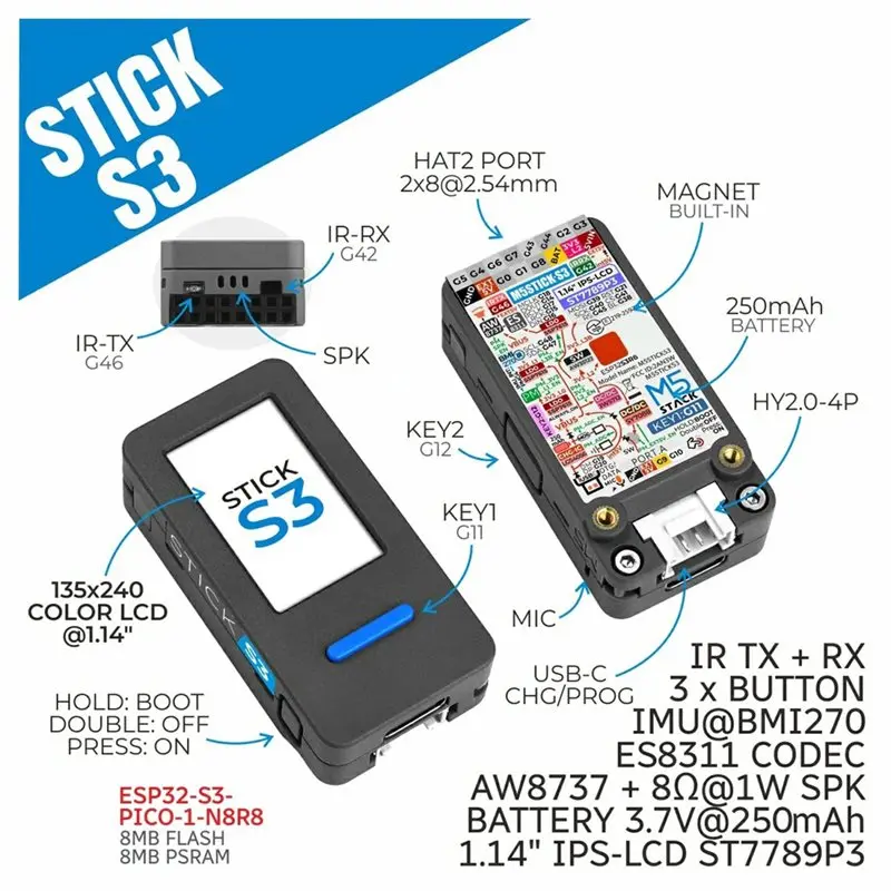 B03B-M5sticks3 ESP32S3 ESP32S3 High-Performance Compact Iot Development Kit Mini Iot Dev Kit Stick S3