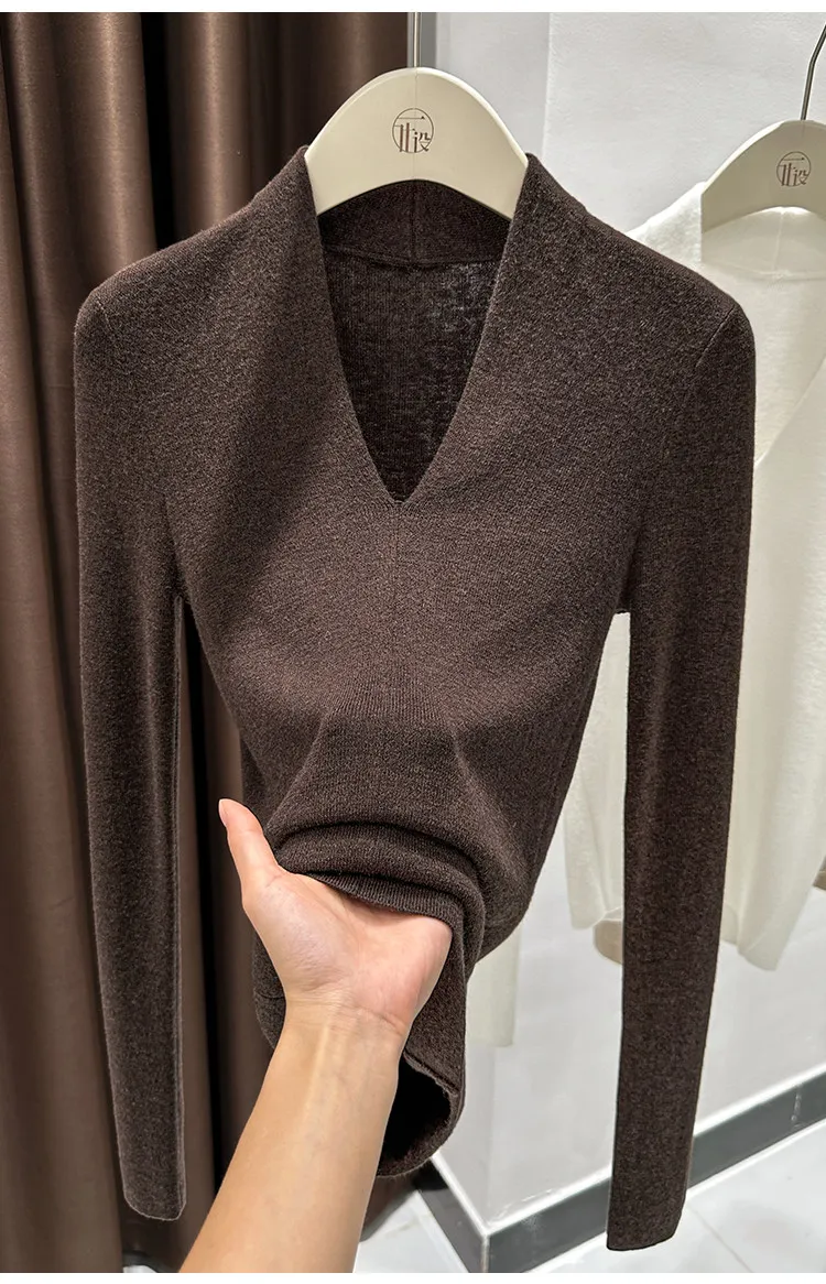 AOSSVIAO Herbst Winter Schwarzer Damen-Pullover mit V-Ausschnitt, langärmelig, schmale Passform, weicher Strickpullover, weiche, vielseitige Basic-Layering-Tops – Detail 16