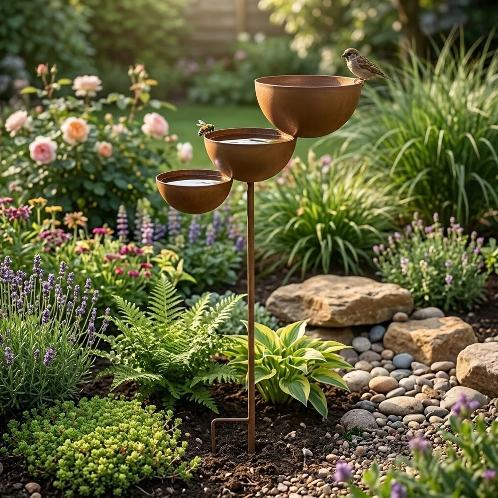Outdoor 3-Tier Rain Catcher Stake Antique Bronze Finish Iron Construction For Garden Bath And Pollinator Support
