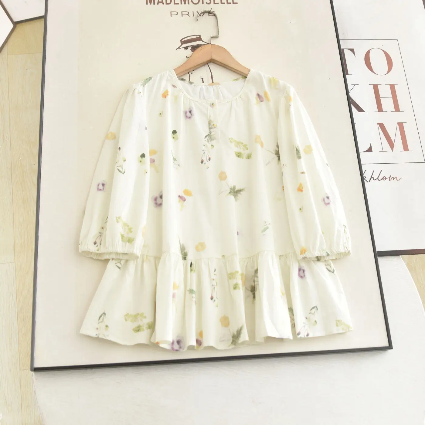 

French Beige Floral Print Peplum Shirt Round Neck 3/4 Sleeve Loose Fit Blouse Harajuku Countryside Garden Casual Summer Outfits
