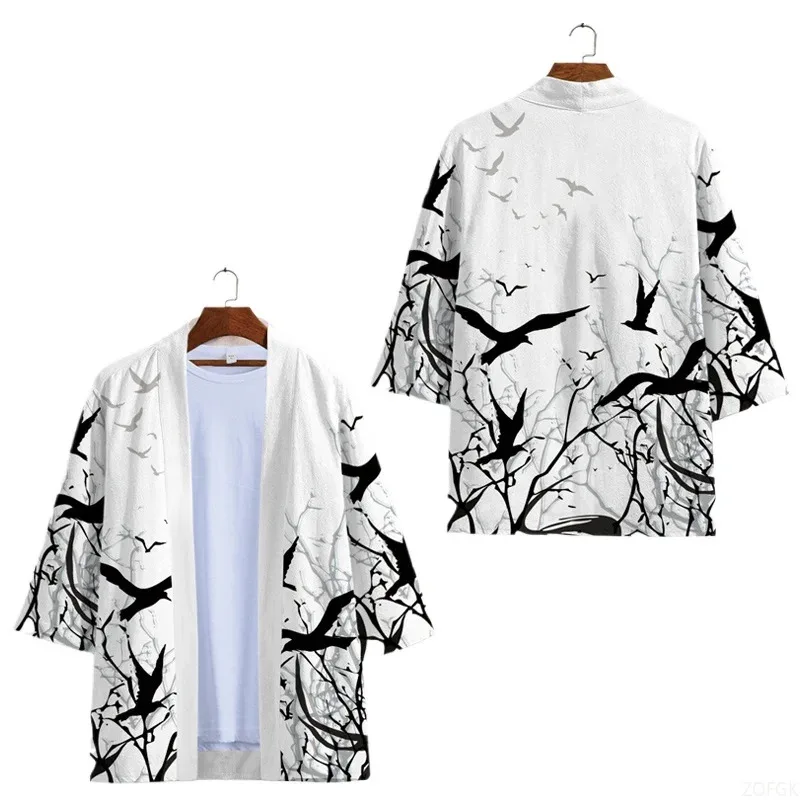 Summer Taoist Robe for Men, Loose and Trendy, Printed Cape with Cross Shore Flower, Thin Jacket, Half Sleeved Cardigan Top