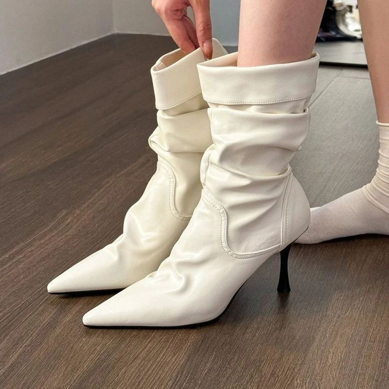 Autumn Winter 2026 New Fashion Pointed Toe Stiletto Short Boots for Women Ruched Slouchy Slimming Elegant Party Shoes