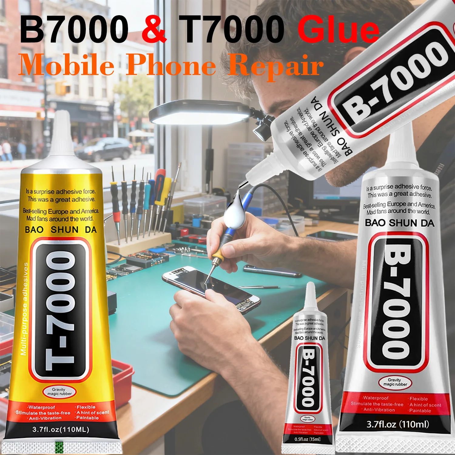 Kit de reparação adesiva B7000+T7000 para telemóveis, joias, ecrãs, capas traseiras e impermeabilização