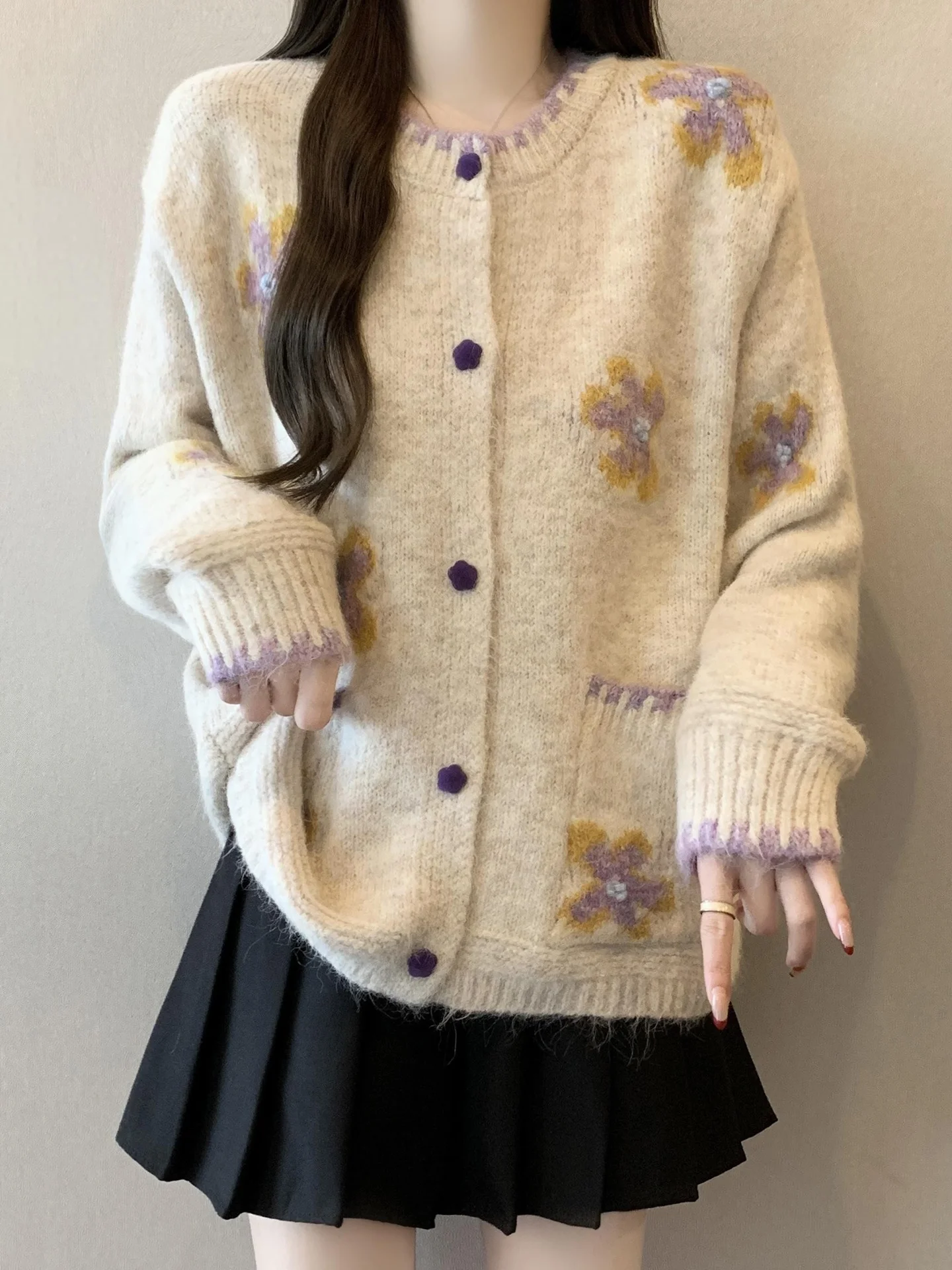 

Sweet Anti-Aging Flower Embroidery Sweater Jaet Women's Autumn Winter plus Size Lazy Versatile Knitted Open Cardigan