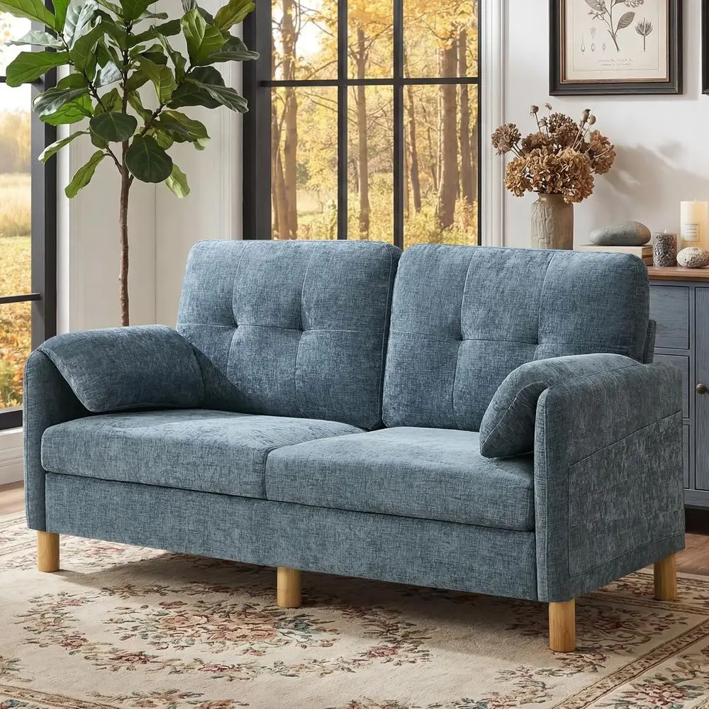 

65 Upholstered Loveseat Sofa with Storage, Ideal for Small Spaces, Blue Chenille Fabric