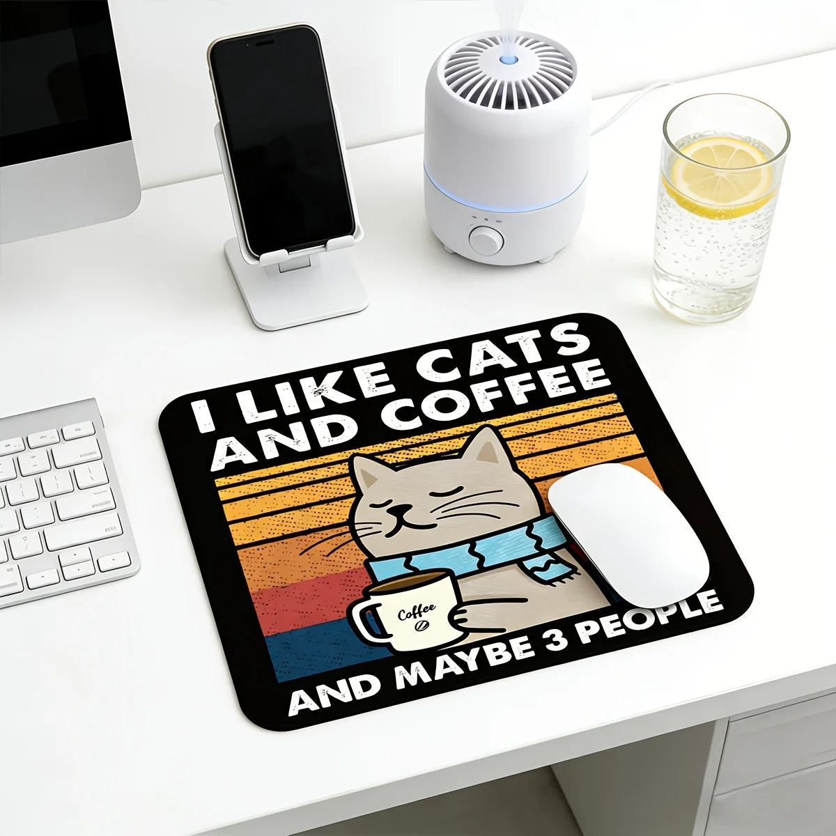 Funny Cat Coffee Quote Mouse Pad, Non-Slip Desk Mat, "I Like Cats & Coffee" Cat with Mug, Water-Resistant Keyboard Pad