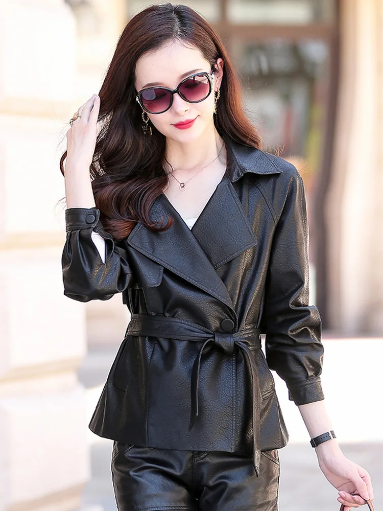 Spring Autumn 2026 Women's Fashionable Short Fit Leather Jacket Sheepskin Coat Korean Style Breathable Long Sleeve Coat