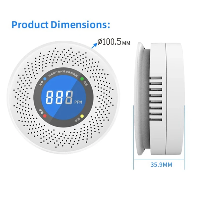 Detector de monóxido de carbono de plástico blanco, alarma independiente con pantalla de visualización, funciona con batería para el hogar, la cocina y la Oficina, 1 piezas