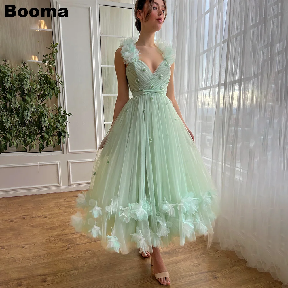 

Booma Mint Green A-Line Midi Prom Dresses V Neck Beading Tulle Homecoming Party Gowns for Women Flowers Sleeveless Evening Dress