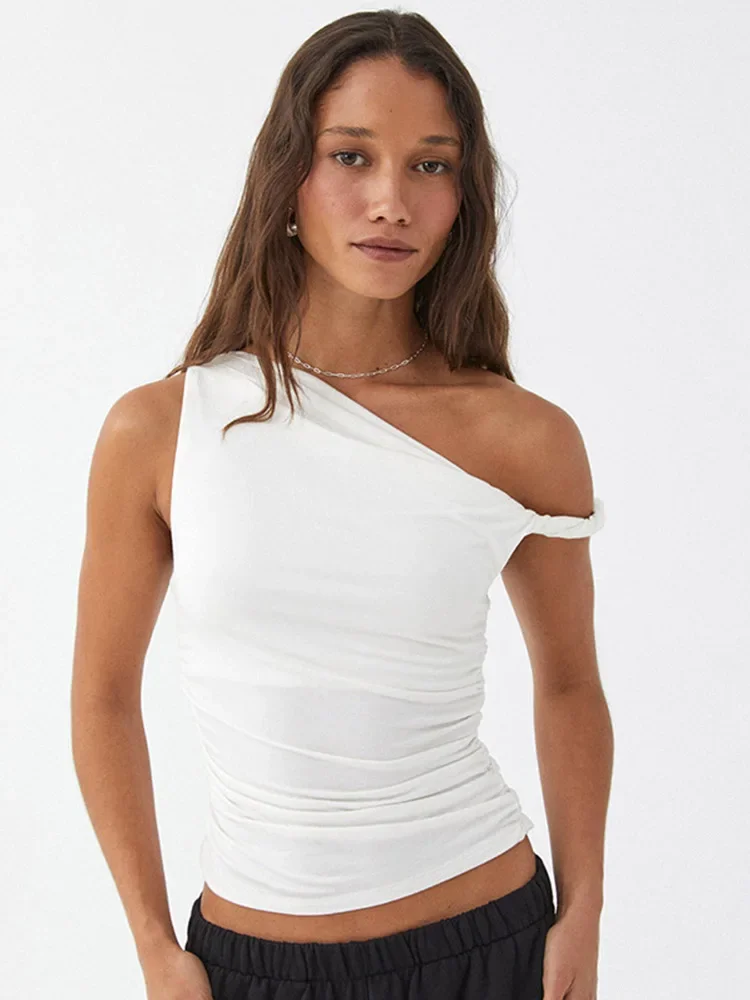 Y2K Minimalist Summer Basic Women's Sleeveless Asymmetric Off-Shoulder Crop Top White Bodycon Vest with Ruching Detail