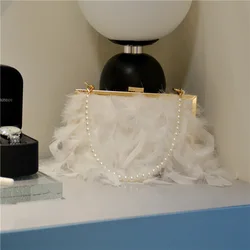 Fashion Turkey Feather with Pearls Handles Handbag Clutch Designer Woman Faux Fur Crossbody Shoulder Feather Bridal Bag