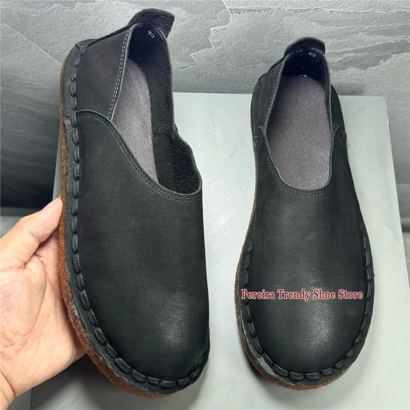 Black Coffee Soft Leather Loafers Summer Comfortable Retro Round Toe Slip-On Men's Flats Fashion Versatile Outdoor Casual Shoes