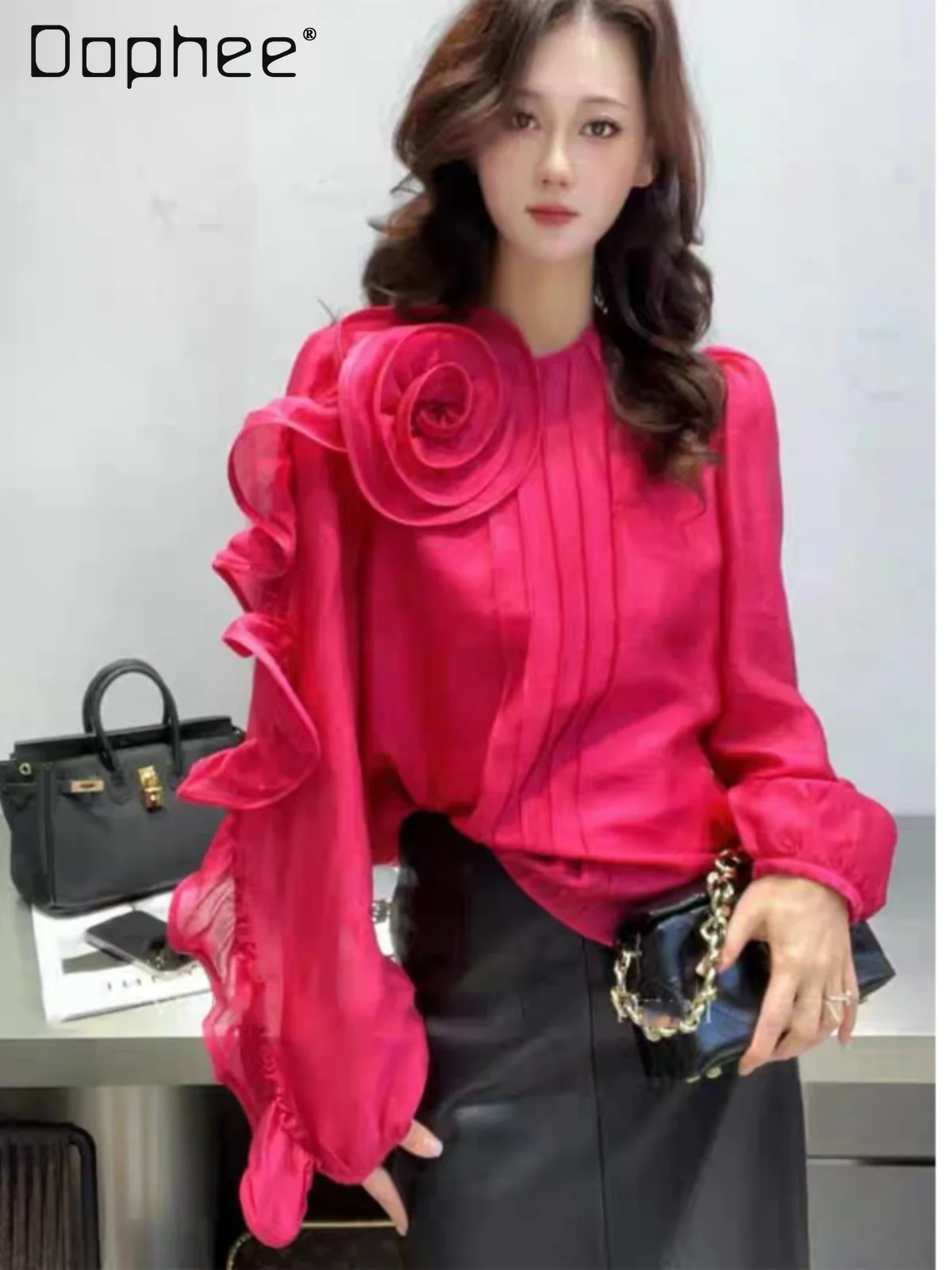 Elegancka damska koszula z długim rękawem, wiosenna, nowa europejska moda, francuska, luksusowa, trójwymiarowe kwiaty, luźna, wyszczuplająca koszula.