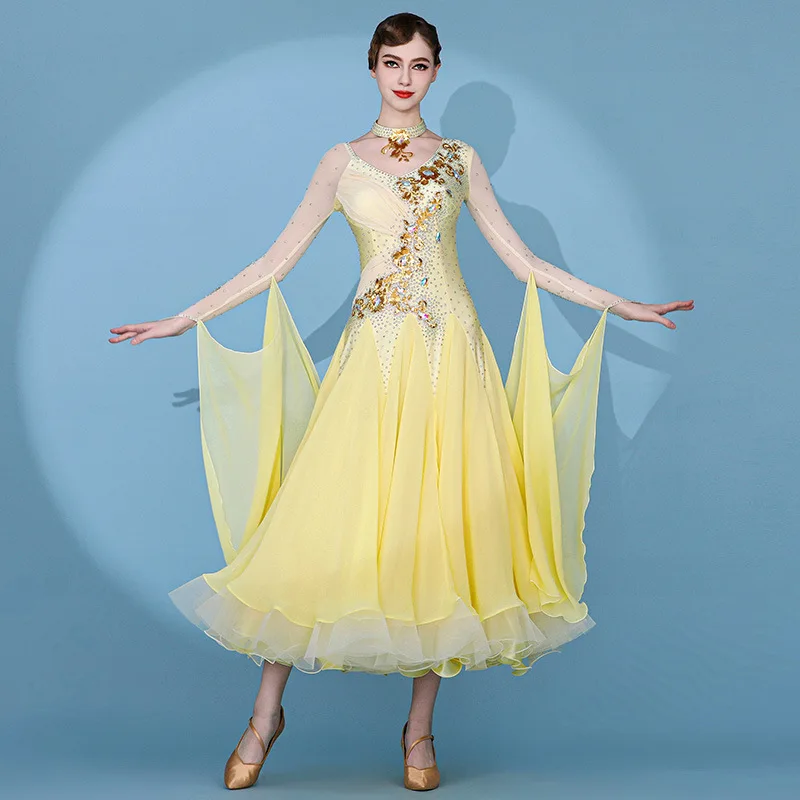 High Quality Women Adult Long Dance Wear Flowers Of Wealth Yellow Costumes custom Ballroom Dancing Dress