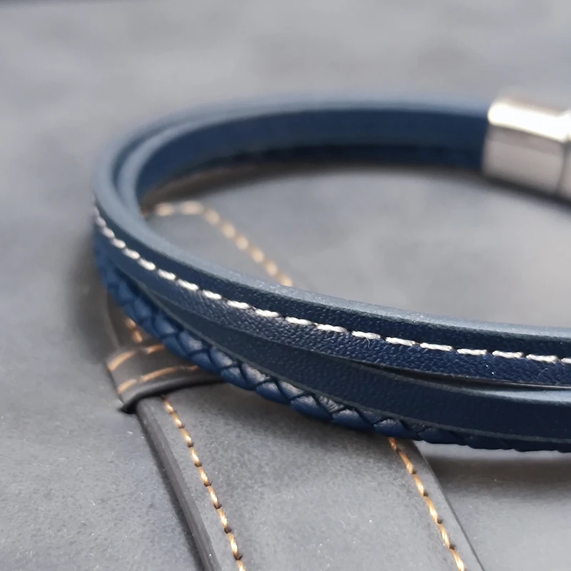 Fashion Blue Leather Bracelets Men Boys Stainless Steel Clasp Multilayer Braided Rope Bracelet for Male Female Bracelets Jewelry