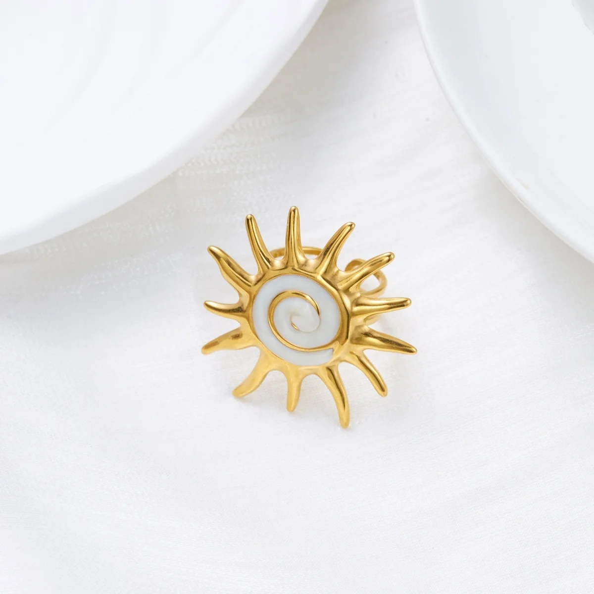 Edelstahl-Emaille-Spiral-Geometrie-Fingerringe für Damen und Herren, Vintage Französische Sonnen-Blatt-Blumen-Ringe, Modeschmuck für Partys. – Detail 25
