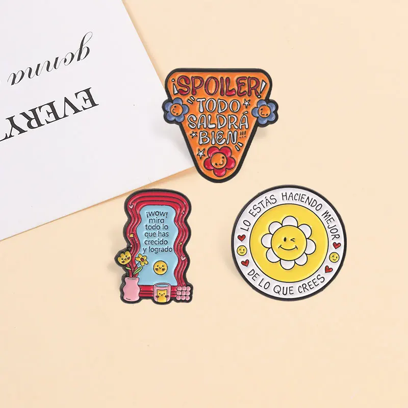 Spanisches, lustiges Zitat, Emaille-Anstecker, niedliches Cartoon-Design, inspirierende lateinische Phrase, dekorative Brosche, Schmuck, Geschenk für Freunde. – Detail 3
