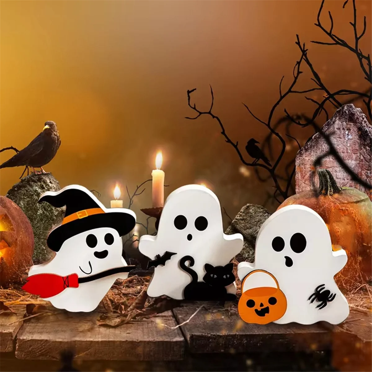 ABJY – panneau décoratif en bois pour Halloween, chauve-souris fantôme, balai de sorcière, décoration intérieure de Table de cuisine, de salle