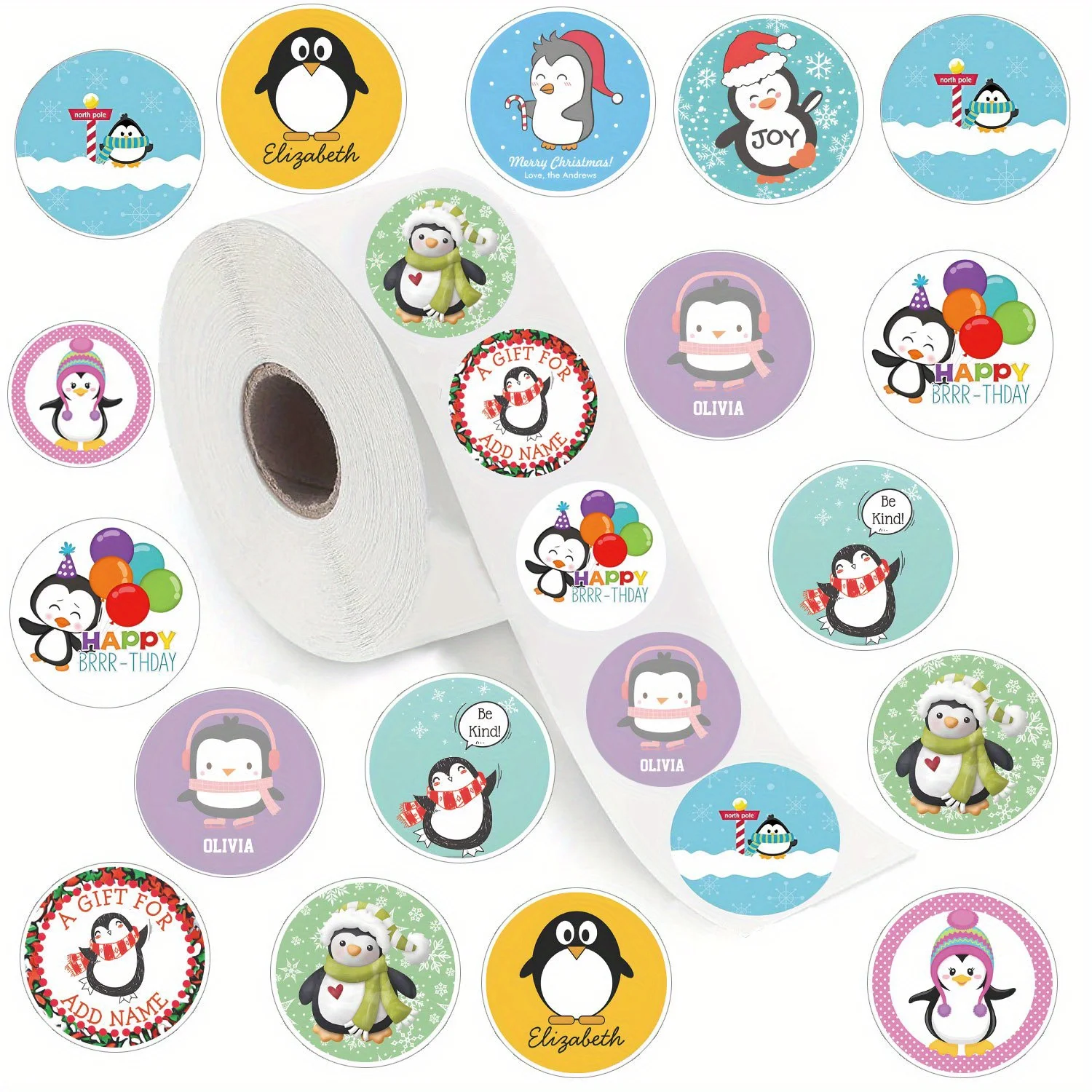 500 unidades/rollo de cinta adhesiva con diseño de pingüino, 1 pulgada, autoadhesiva, decorativa, para sellar cartas, regalos, pegatinas para patinetas, etc.