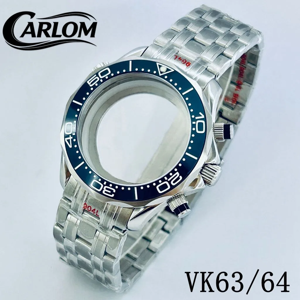 41mm VK Silver Watch Case For VK63 VK64 Movement Sapphire Glass Multy-functional Quartz Chronograph Case Black Blue Red Bezel