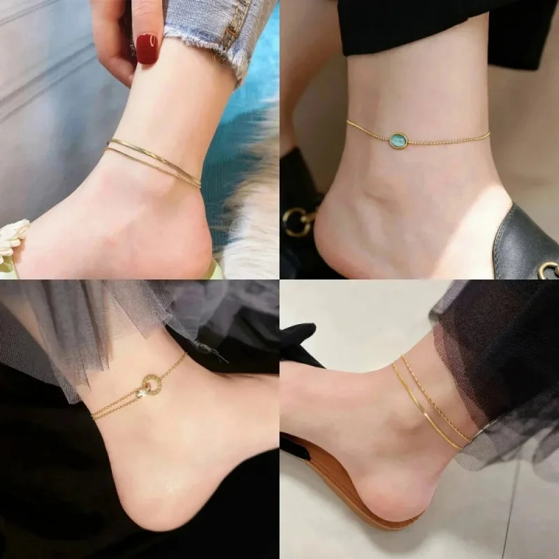 New Exquisite Fashionable Gold Color Titanium Steel Double Layer Snake Bone Chain Anklet For Sweet And Sexy Ladies Jewelry Gift