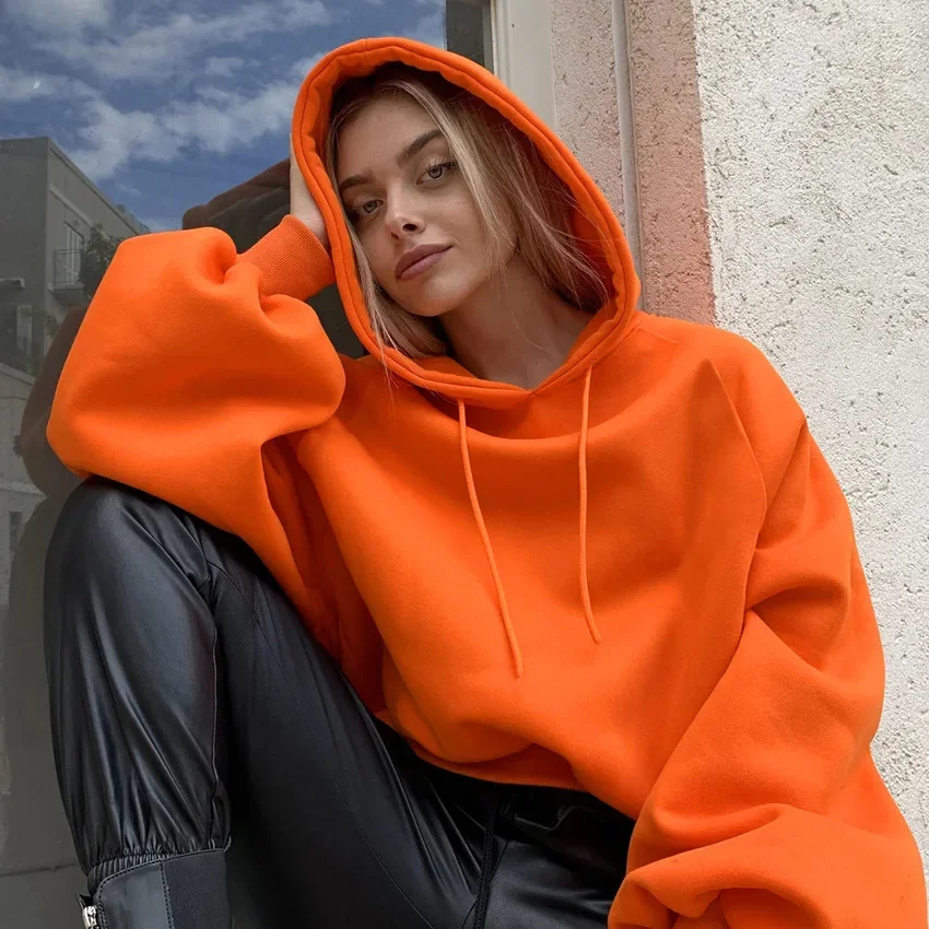 

Женские толстовки оверсайз, осенне-зимние толстые толстовки с капюшоном, женские повседневные однотонные пуловеры с длинными рукавами, уличная одежда