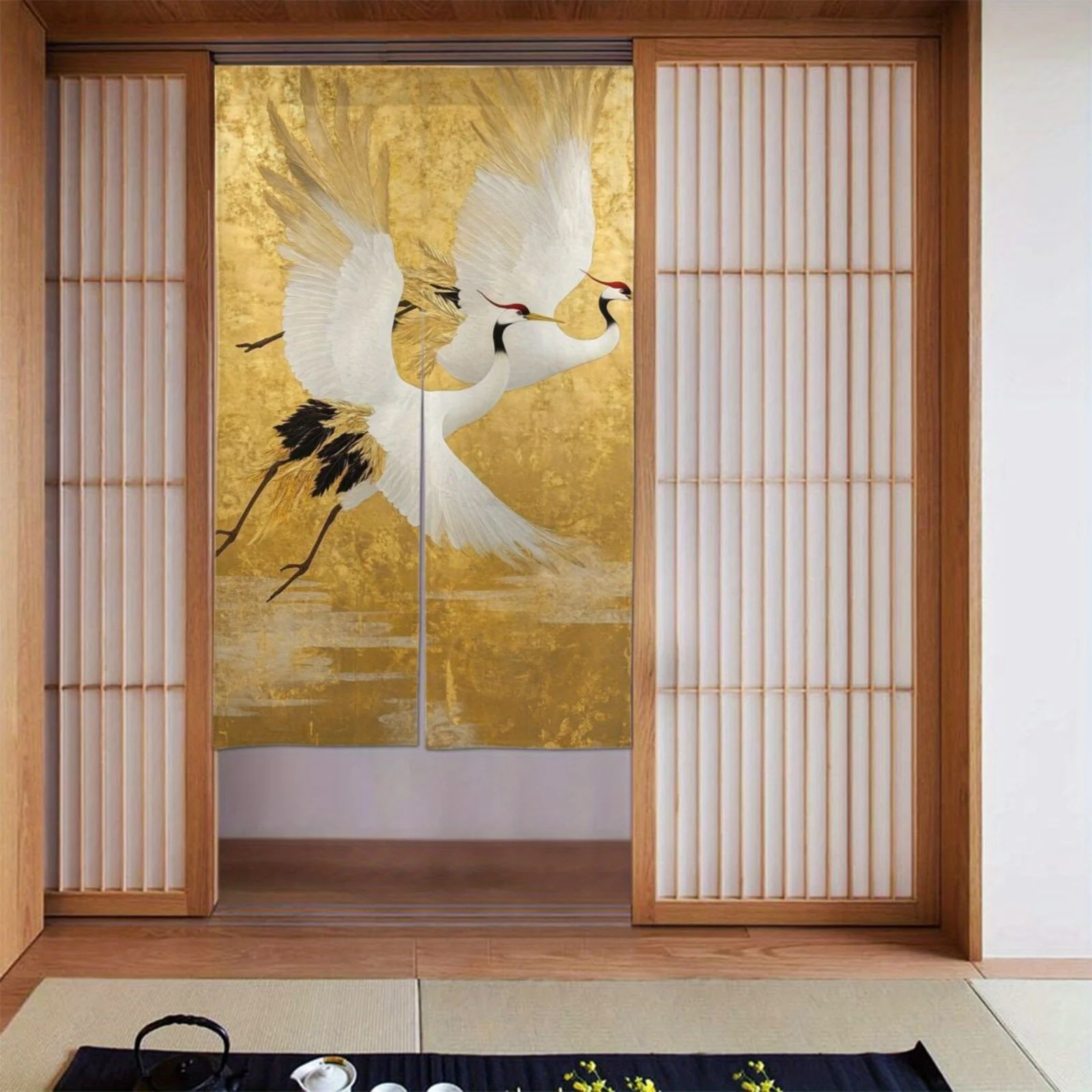 1pc white crane pattern door curtain, polyester fabric, machine washable, suitable for restaurant and kitchen decoration